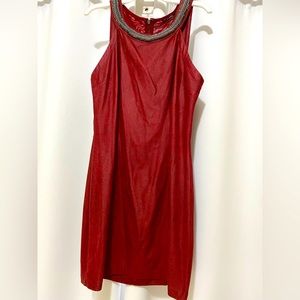 Red faux suede cocktail dress with rhinestone and mesh trim by Guess